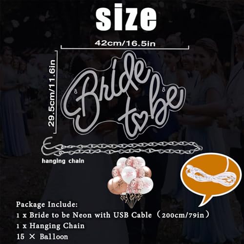 BerniceKelly Bride to be Neon Sign, 16.5 x 11.6 Inch White LED Neon Signs USB Wedding Neon Light Up Signs for Bridal Shower Bachelorette Engagement Party Backdrop with 15 Pcs Balloon - Image 2