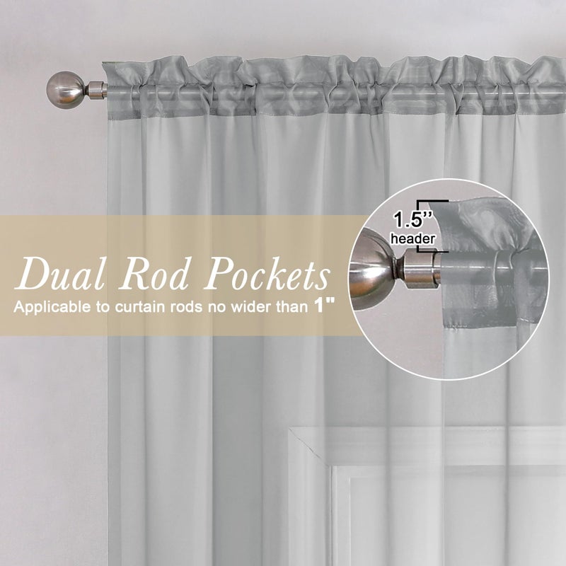 Lecloud Light Grey Sheer Curtains 63 Inch Length 2 Panels, Light Filtering Solid Voile Living Room Silver Gray Curtain & Panel, Dual Rod Pockets Gauzy Window Kitchen Bedroom Drapes, 40X63 Inches - Image 2