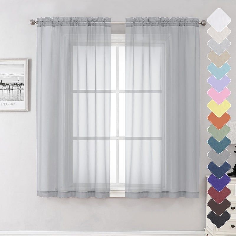 Lecloud Light Grey Sheer Curtains 63 Inch Length 2 Panels, Light Filtering Solid Voile Living Room Silver Gray Curtain & Panel, Dual Rod Pockets Gauzy Window Kitchen Bedroom Drapes, 40X63 Inches - Image 1