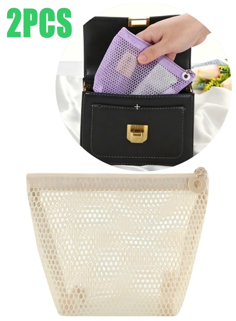 2Pcs Semicircular Mesh Makeup Bag Zipper Portable Travel Cosmetic Storage Pouch (White, light purple) - Image 1