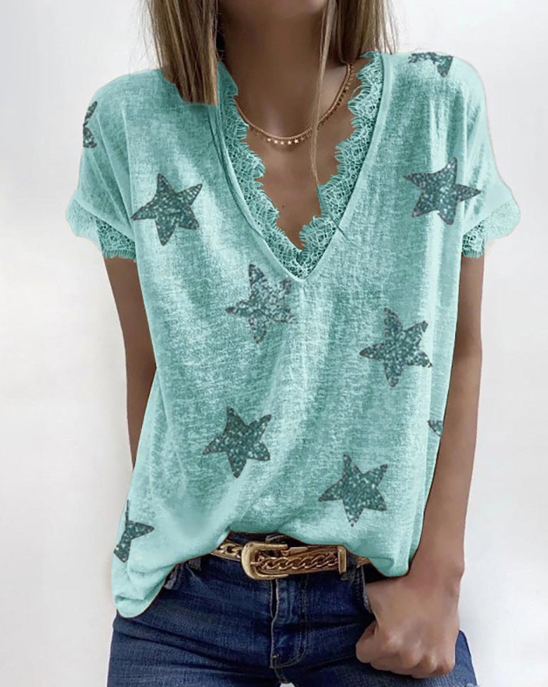 2021 independent station wish European and American cross-border women's summer V-neck printed lace T-shirt top green 2XL - Image 1