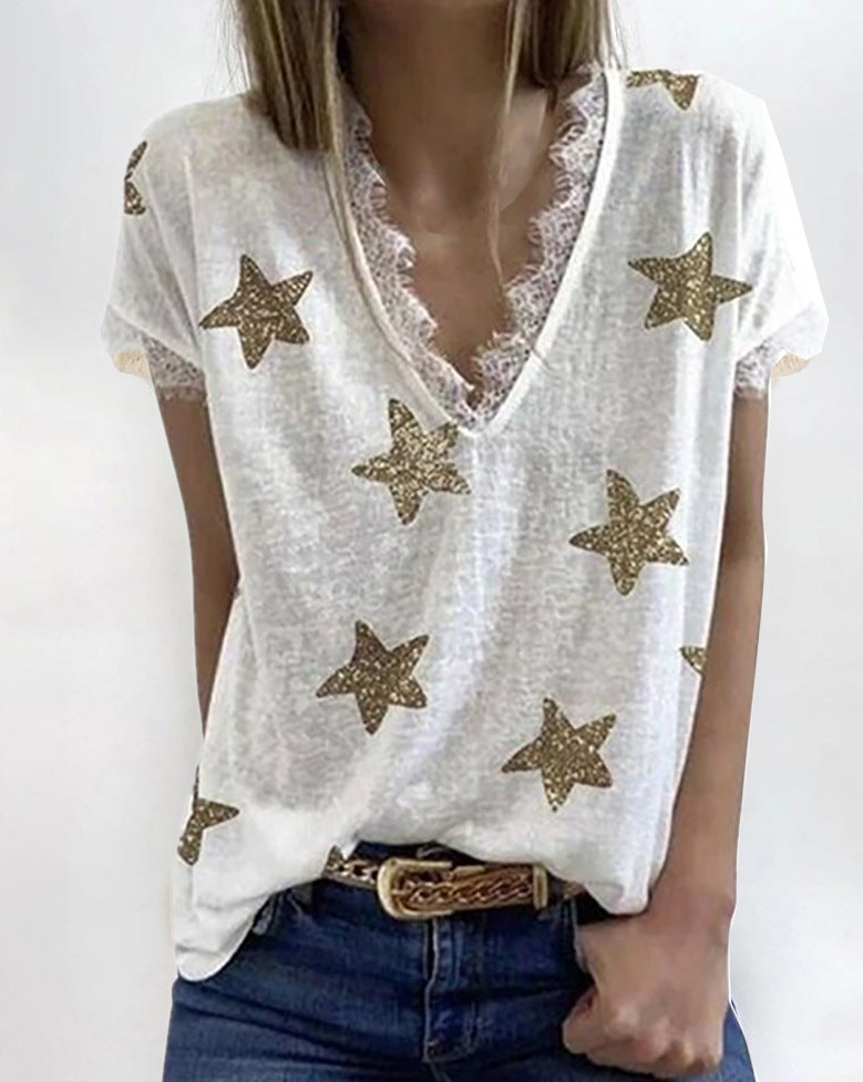 2021 independent station wish European and American cross-border women's summer V-neck printed lace T-shirt top green 2XL - Image 5