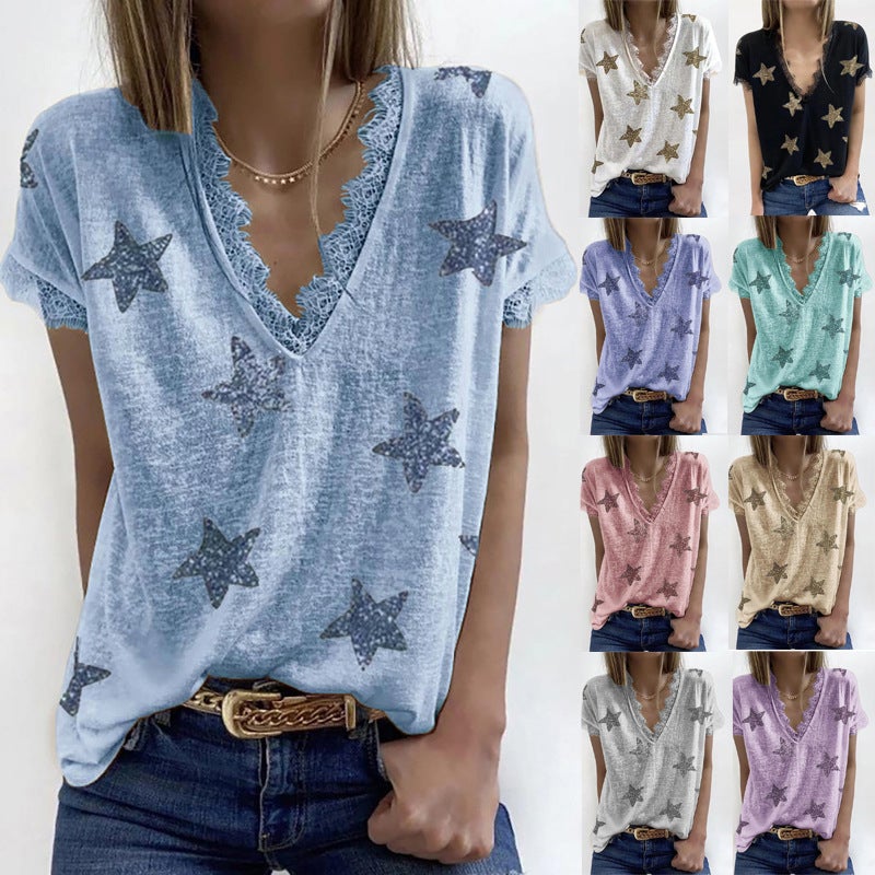 2021 independent station wish European and American cross-border women's summer V-neck printed lace T-shirt top green 2XL - Image 2