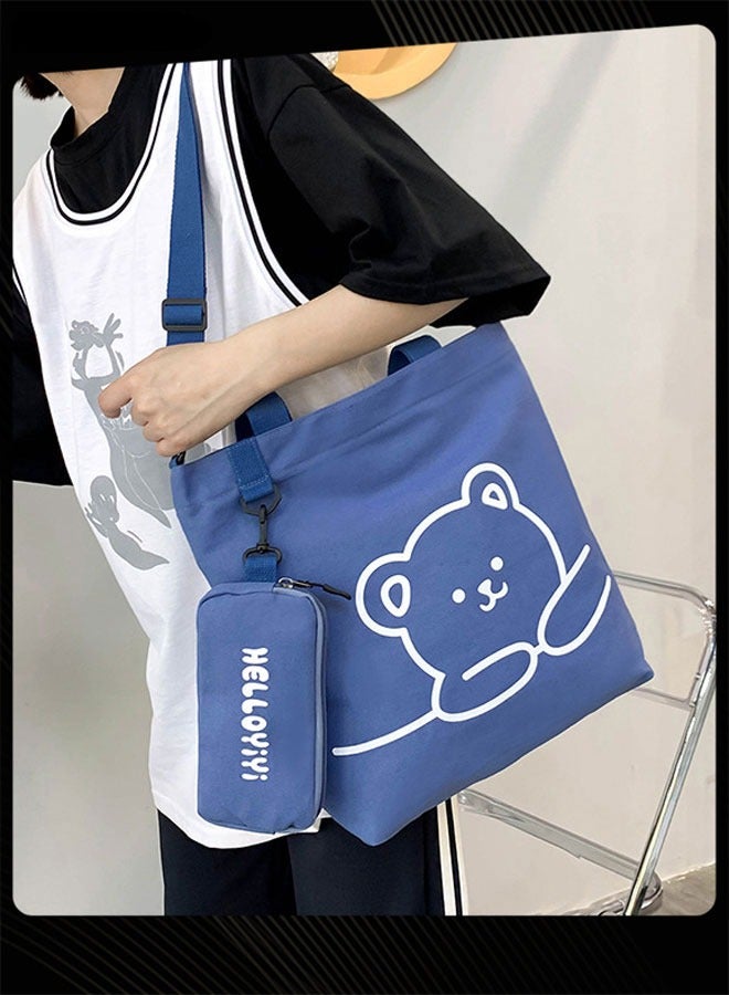 Joychic حقيبة كتف للطلاب مطبوعة بدب جميل، حقيبة كتب محمولة كبيرة الحجم قابلة للطي، حقيبة قماشية مع جراب قلم رصاص، أزرق - Image 1