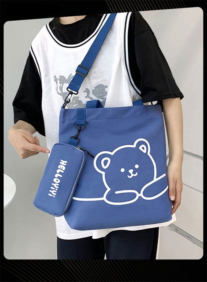 Joychic حقيبة كتف للطلاب مطبوعة بدب جميل، حقيبة كتب محمولة كبيرة الحجم قابلة للطي، حقيبة قماشية مع جراب قلم رصاص، أزرق - Image 2