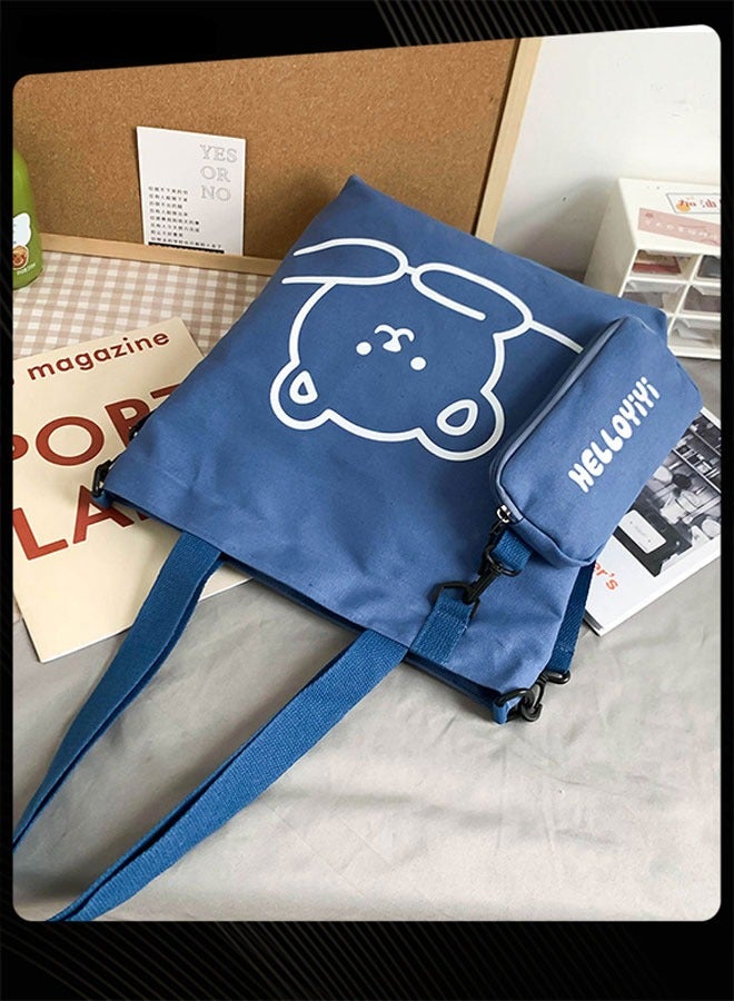 Joychic حقيبة كتف للطلاب مطبوعة بدب جميل، حقيبة كتب محمولة كبيرة الحجم قابلة للطي، حقيبة قماشية مع جراب قلم رصاص، أزرق - Image 3