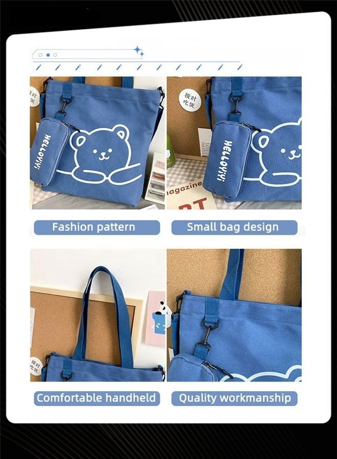 Joychic حقيبة كتف للطلاب مطبوعة بدب جميل، حقيبة كتب محمولة كبيرة الحجم قابلة للطي، حقيبة قماشية مع جراب قلم رصاص، أزرق - Image 5