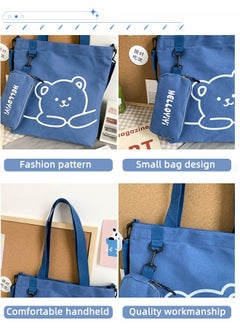 Joychic Lovely Bear Printed Student Shoulder Bag Portable Large Capacity Bookbag Foldable Tote Canvas Bag with Pencil Pouch Blue  - Image 4