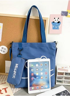 Joychic Lovely Bear Printed Student Shoulder Bag Portable Large Capacity Bookbag Foldable Tote Canvas Bag with Pencil Pouch Blue  - Image 3