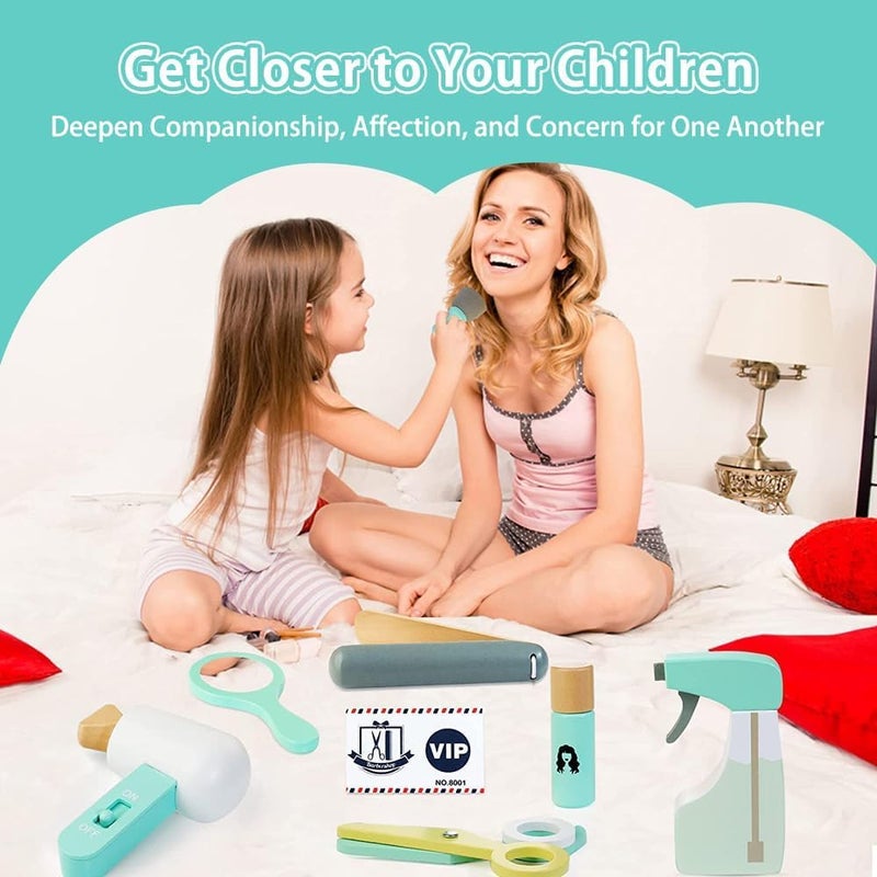 umu Wooden Kids Hair Salon Playset, Makeup Toy Set, Hair Styling Toys for Girls, Shaving Kit for Boys, Barber Playset, Gifts for 3 4 5 Year Old Girls Boys (18 PCS) - Image 5