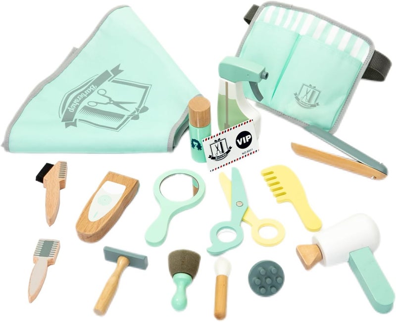 umu Wooden Kids Hair Salon Playset, Makeup Toy Set, Hair Styling Toys for Girls, Shaving Kit for Boys, Barber Playset, Gifts for 3 4 5 Year Old Girls Boys (18 PCS) - Image 1