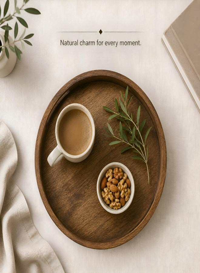 CLEENTABLE Rustic Wooden Serving Tray - 12" Round Handcrafted Ottoman Tray - Farmhouse & Vintage Centerpiece, Multi-Functional Food & Beverage Tray, Durable Décor, Indoor/Outdoor Platter (Walnut) - CLEENTABLE - Image 3