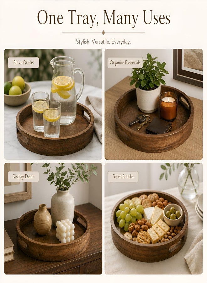 CLEENTABLE Rustic Wooden Serving Tray - 12" Round Handcrafted Ottoman Tray - Farmhouse & Vintage Centerpiece, Multi-Functional Food & Beverage Tray, Durable Décor, Indoor/Outdoor Platter (Walnut) - CLEENTABLE - Image 5