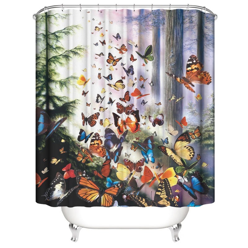 Y&D Butterfly Series New Design 4-Piece Shower Mat and Curtain Set Vintage and Cartoon Style Made of Polyester - Image 5