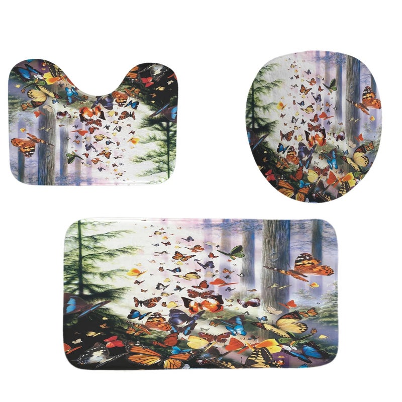 Y&D Butterfly Series New Design 4-Piece Shower Mat and Curtain Set Vintage and Cartoon Style Made of Polyester - Image 4