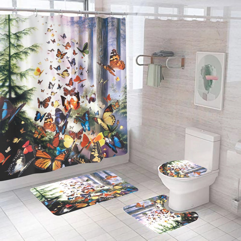 Y&D Butterfly Series New Design 4-Piece Shower Mat and Curtain Set Vintage and Cartoon Style Made of Polyester - Image 2