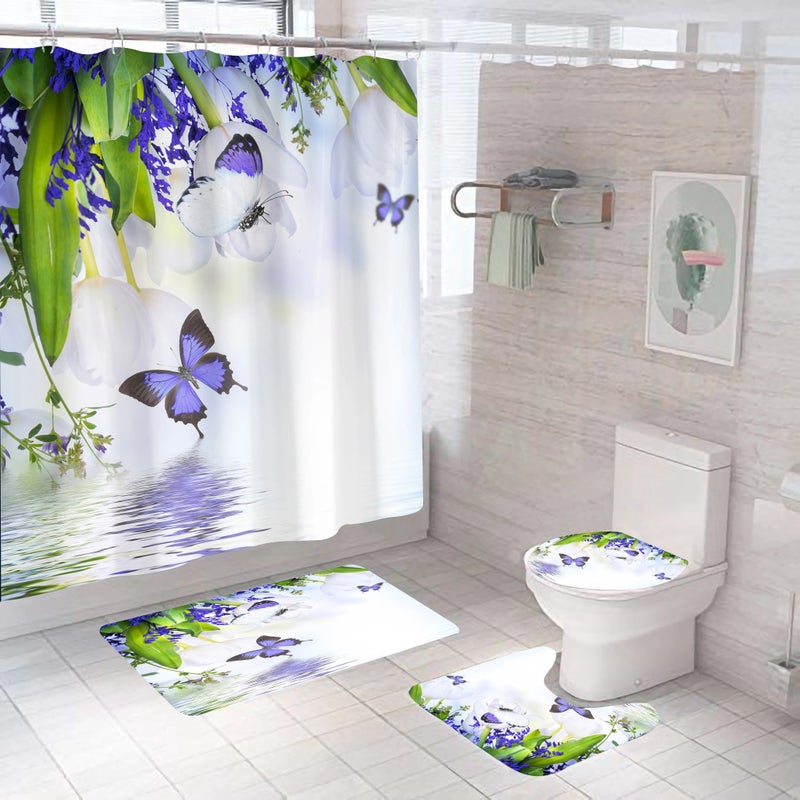 Y&D Butterfly Series New Design 4-Piece Shower Mat and Curtain Set Vintage and Cartoon Style Made of Polyester - Image 1