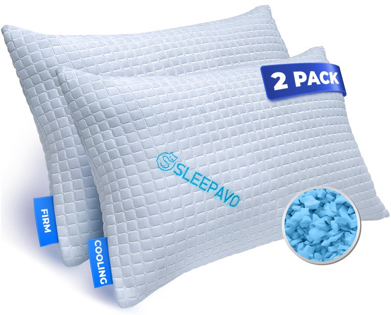 Sleepavo Adjustable Shredded Memory Foam Pillows Queen Size Set of 2 Extra Soft Cooling Bed Pillows for Sleeping Back Stomach Firm Side Sleeper Comfy Cool 2 Pack Best Sleepy High Loft Pillow