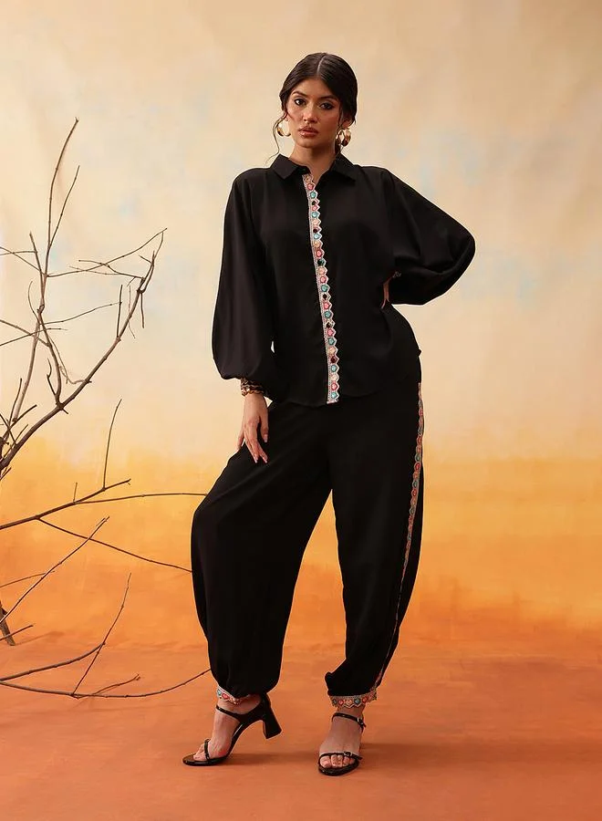 STREET 9 STREET 9 Black Mirror Work Mandarin Collar Shirt and Trousers Co-Ords