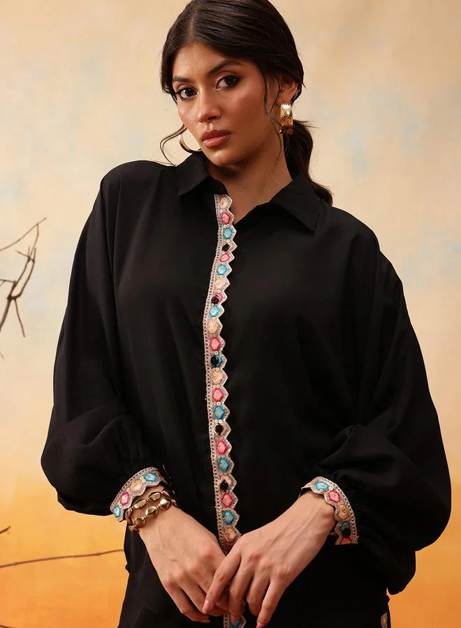 STREET 9 Black Mirror Work Mandarin Collar Shirt and Trousers Co-Ords