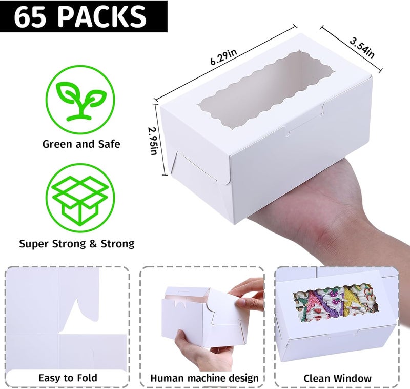 Ybaoo 65 PCS White Bakery Boxes with Window 6.29x3.54x2.95 Inches Cookie Boxes Small Pastry Boxes for Candy, Cupcake Boxes,Candy Box,Cake Boxes,Treat Boxes,Dessert Boxes,Small Gift Box for Party(White) - Image 3