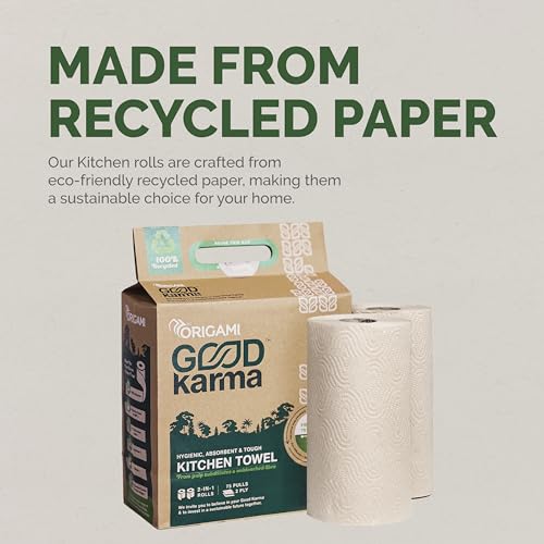 Origami Good Karma 2 Ply 2 in 1 Kitchen Tissue Paper Roll | Unbleached, Biodegradable & Super Absorbent for Spotless Cleaning | Ideal for Multi Purpose Use Pack of 3 (75 Pulls Per Roll, 450 Sheets) - Image 2