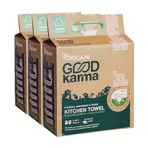 Origami Good Karma 2 Ply 2 in 1 Kitchen Tissue Paper Roll | Unbleached, Biodegradable & Super Absorbent for Spotless Cleaning | Ideal for Multi Purpose Use Pack of 3 (75 Pulls Per Roll, 450 Sheets) - Image 1