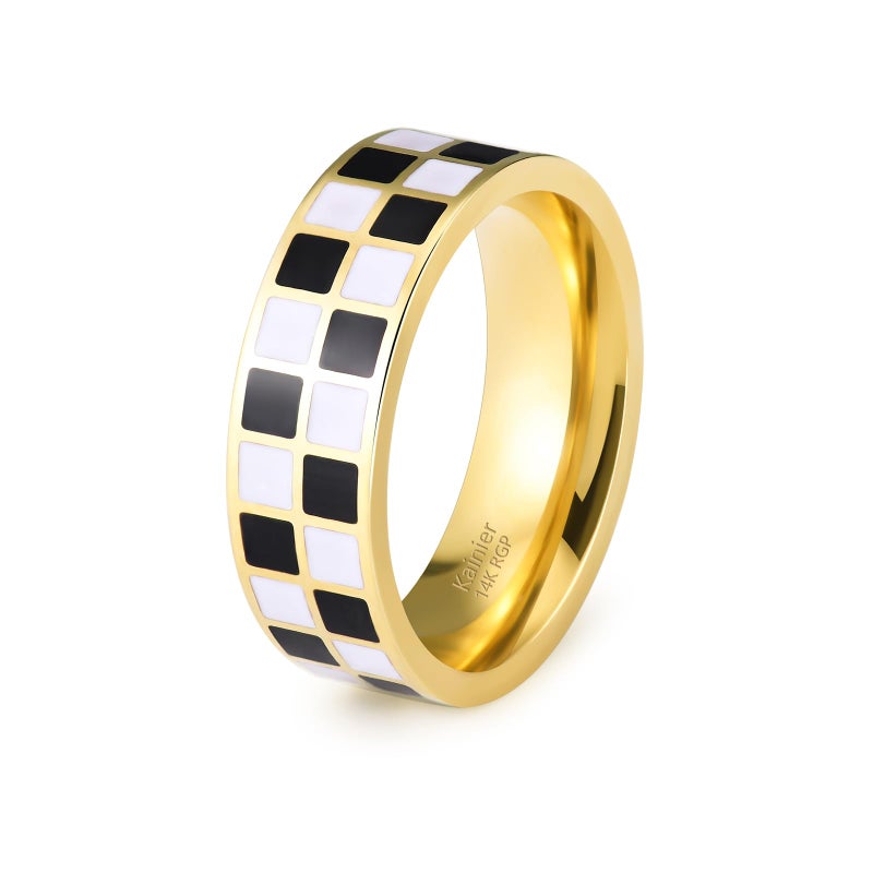 Kainier 6mm 14k Gold Plated Rings Polished Checkerboard Bands Knuckle Statement Pointer Finger Ring Comfort Fit Size 5-9 - Image 1