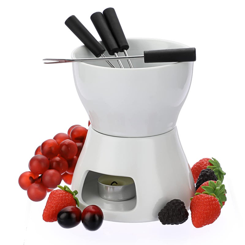 BSTKEY وعاء فوندو الشوكولاتة والزبدة السيراميكي من بي إس تي كي 400 مل مع 4 شوكات للشوكولاتة أو الجبنة أبيض