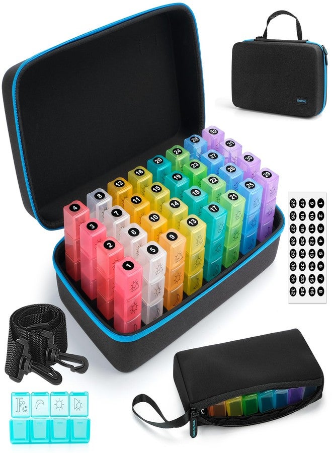 Yewltvep Monthly Pill Organizer 4 Times a Day, Pill Box Organizer with 32 Daily Compartments, 30 Day Pill Organizer 4 Times a Day Pill Holder with Hard Shell Travel Case+Weekly Pill Bag 4 Times a Day - Image 1