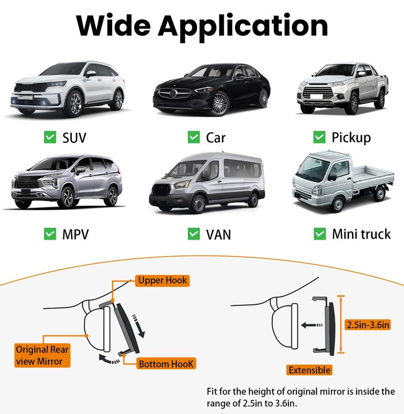 HmmtyRack Rear View Mirror, Chrome Anti-glare Panoramic Rear Mirrors Universal 12 Inch Convex Car Interior Clip on Extra Big Wide Angle Rearview Mirror Extender to Reduce Blind Spot for Car SUV Trucks - Image 3