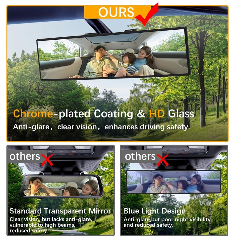 HmmtyRack Rear View Mirror, Chrome Anti-glare Panoramic Rear Mirrors Universal 12 Inch Convex Car Interior Clip on Extra Big Wide Angle Rearview Mirror Extender to Reduce Blind Spot for Car SUV Trucks - Image 4