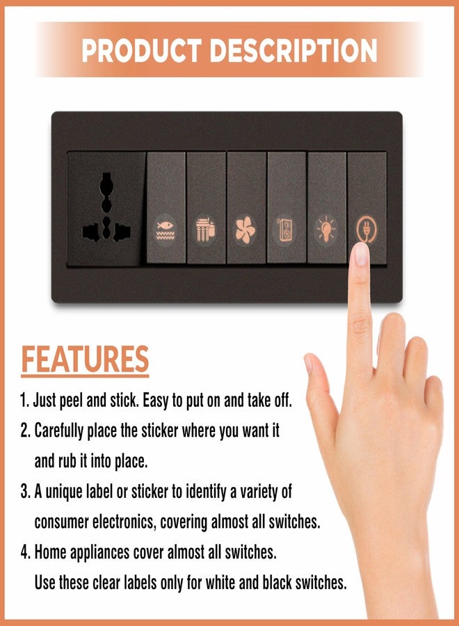 Goelite Rose Gold Switch Stickers Embossed for Switch Board | 27 Designs, Pack of 330 Stickers for Home Including Fan, Light and Many More - Image 3