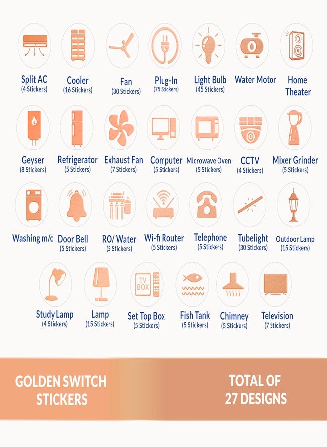 Goelite Rose Gold Switch Stickers Embossed for Switch Board | 27 Designs, Pack of 330 Stickers for Home Including Fan, Light and Many More - Image 5