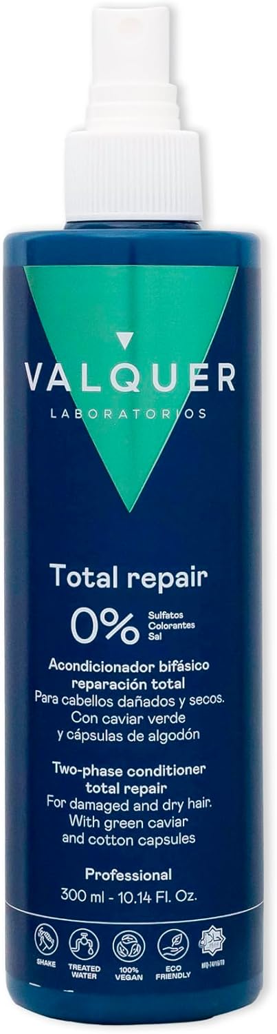 VALQUER Total Repair Biphasic Conditioner Zero Formula Repairs Softens Nourishes Dry and Damaged Hair Intense Hydration with Green Caviar Cotton Capsules Vegan 300 ml