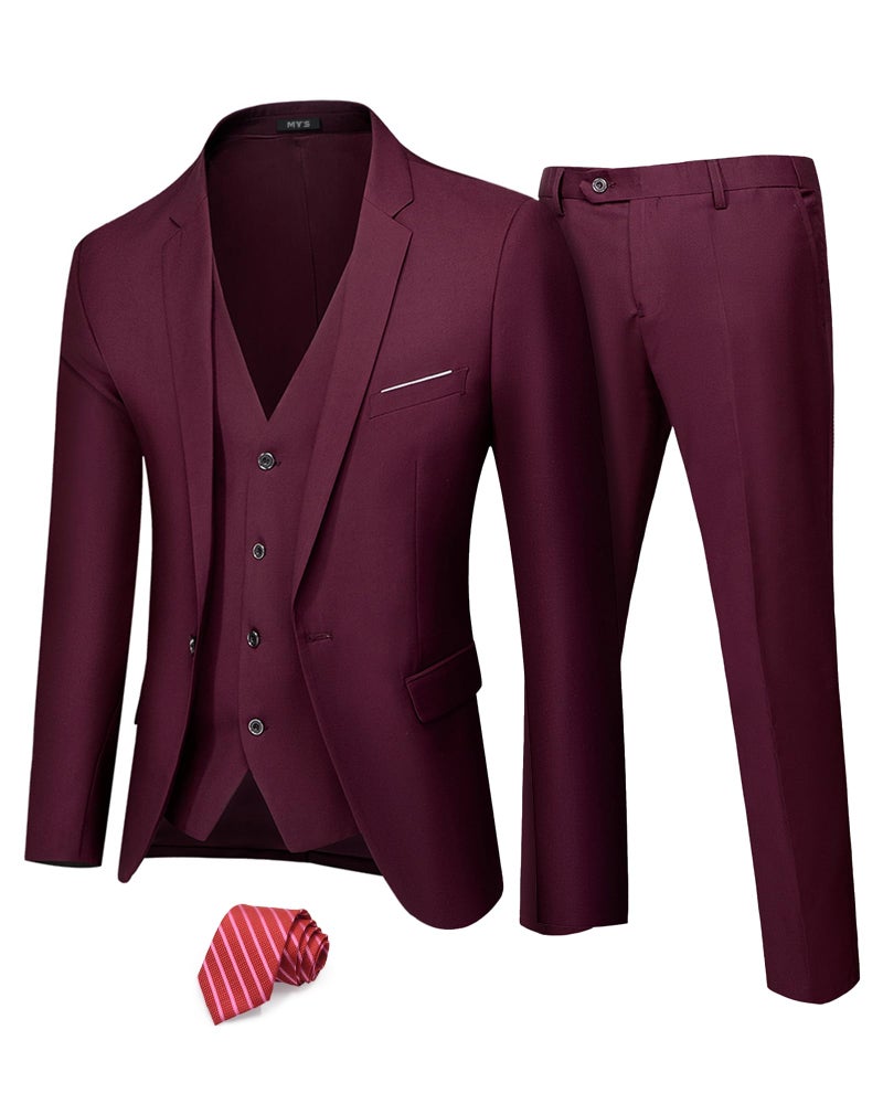 MYS Mens 3 Piece Suit Set with Tie One Button Slim Fit Jacket Vest Pants Party Wedding Prom Blazer Waistcoat Trousers Burgundy Medium