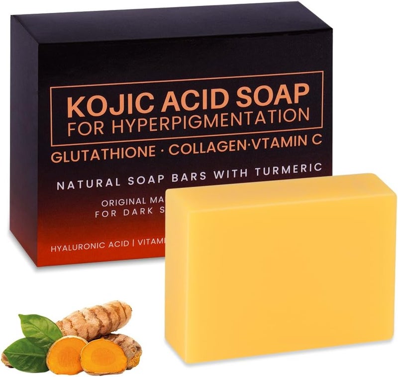 Pure Kojic Acid Turmeric Soap Bar 100g Skin Brightening Bar for Face Body Helps Improve Uneven Skin Tone Dark Spots Acne with Glutathione Hyaluronic Acid Includes Foaming Net