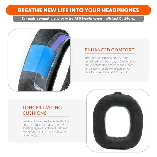 WC Mod Kit A50 - Cooling Gel Earpads + Headband Replacement for Astro A50 Gen 4, Gen 5 & A50X by Wicked Cushions | Enhanced Comfort, Cooling & Durability | 90's Black - Image 4