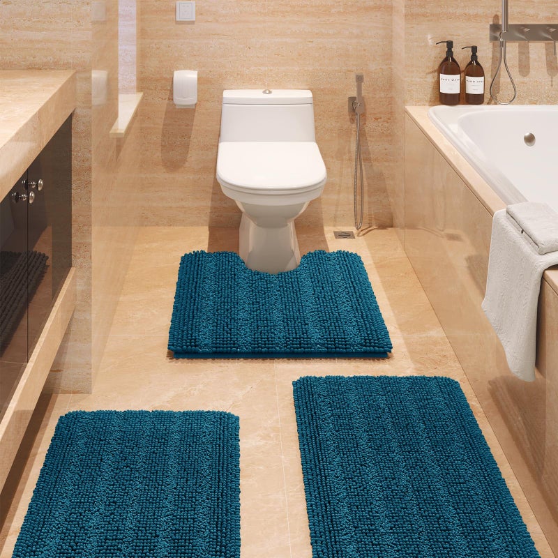 ACCUMTEK Striped Atlantic Blue Bathroom Rug Set 3 Pieces Ultra Soft Non Slip Chenille Toilet Mat Absorbent Plush Shaggy Bath Mats for Bathroom Bedroom Kitchen