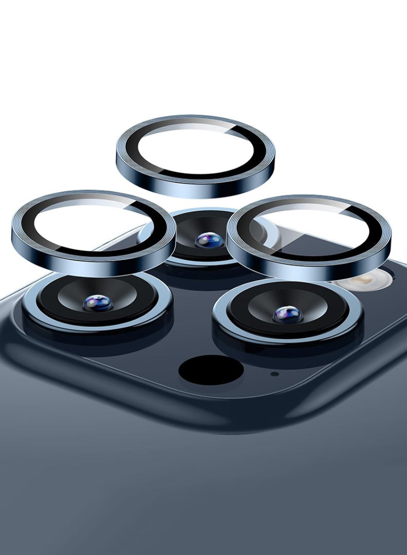 Theodor iPhone 15 Pro Max /15 Pro 3 Pcs Camera Lens Protector With 9H Tempered HD Glass Camera Cover Anti Scratch Aluminum Alloy Camera Ring, Blue Titanium - Image 1