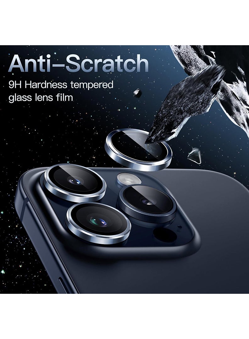 Theodor iPhone 15 Pro Max /15 Pro 3 Pcs Camera Lens Protector With 9H Tempered HD Glass Camera Cover Anti Scratch Aluminum Alloy Camera Ring, Blue Titanium - Image 3