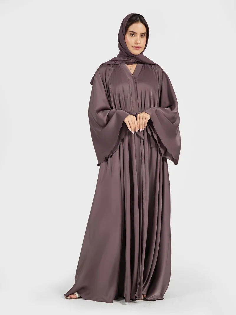 Mauve Taupe Satin Silk Abaya - Sophisticated Flowy Modest Maxi Dress