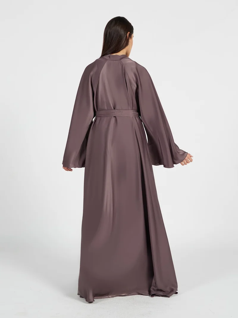 Reem Abayas  Mauve Taupe Satin Silk Abaya - Sophisticated Flowy Modest Maxi Dress for Women | Best Price UAE