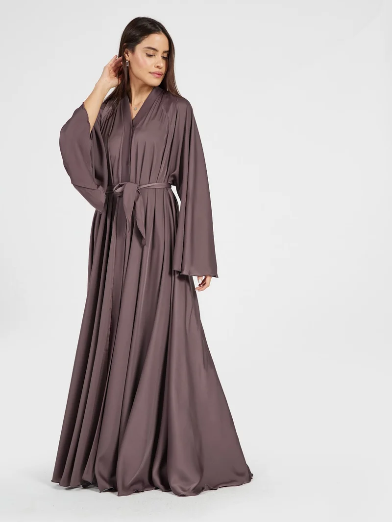 Reem Abayas  Mauve Taupe Satin Silk Abaya - Sophisticated Flowy Modest Maxi Dress for Women | Best Price UAE