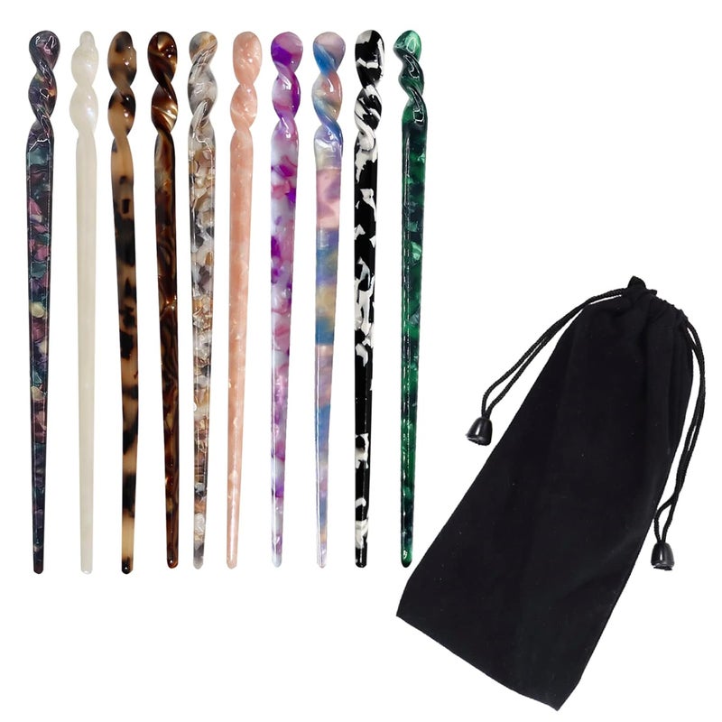 Consio 10 Pieces Acetate Hair Sticks Women Styling Hair Vintage Leopard Print Tortoise Shell Hairpin Girls Chopsticks Hairpins Disk Hair Sticks for Long Hair Hair Accessories with Flannelette Bag 