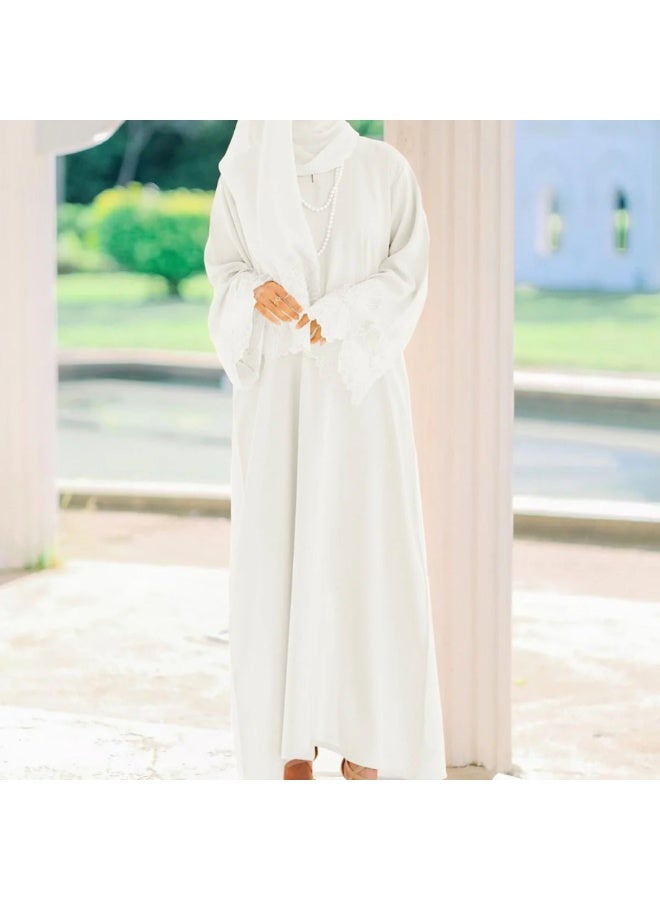 2Pcs-Women's Robe Dress Solid Color Floral Embroidery Lace Edge With Same Headscarf - Image 2