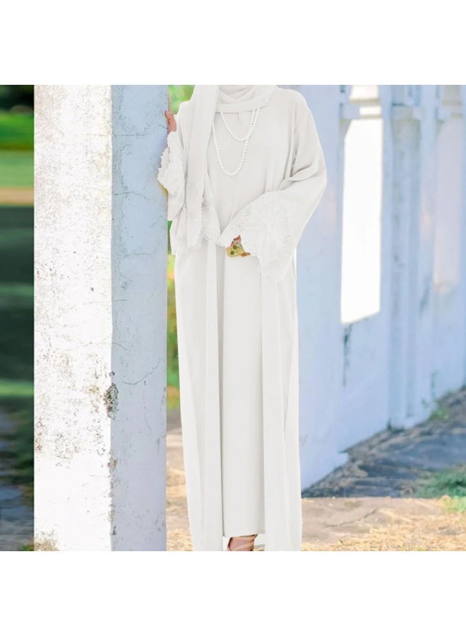 2Pcs-Women's Robe Dress Solid Color Floral Embroidery Lace Edge With Same Headscarf - Image 3