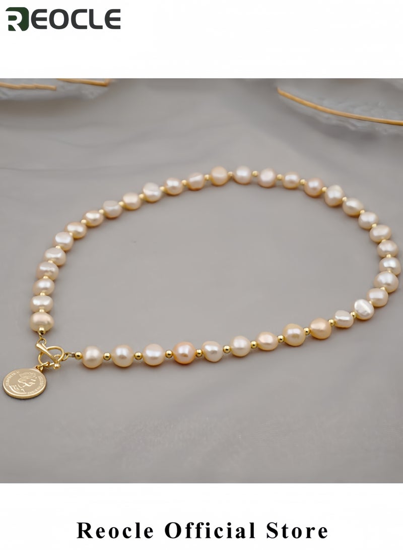 ريوكل عقد من اللؤلؤ، لؤلؤ المياه العذبة الطبيعي 14K سوار مغطى بالفضة الاسترليني مع خرز باروكي قلادة بتعليقة عملة مغطاة بالذهب مجوهرات أنيقة للنساء هدية لعيد الأم - Image 2