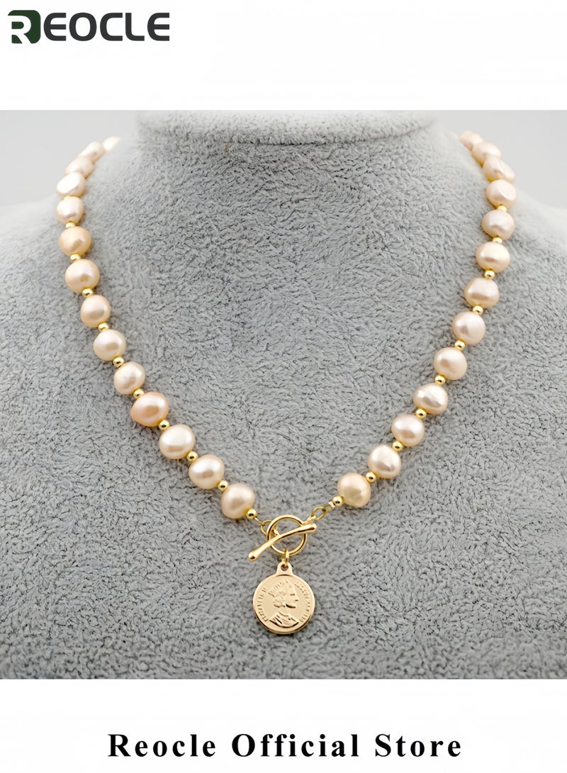 ريوكل عقد من اللؤلؤ، لؤلؤ المياه العذبة الطبيعي 14K سوار مغطى بالفضة الاسترليني مع خرز باروكي قلادة بتعليقة عملة مغطاة بالذهب مجوهرات أنيقة للنساء هدية لعيد الأم - Image 3