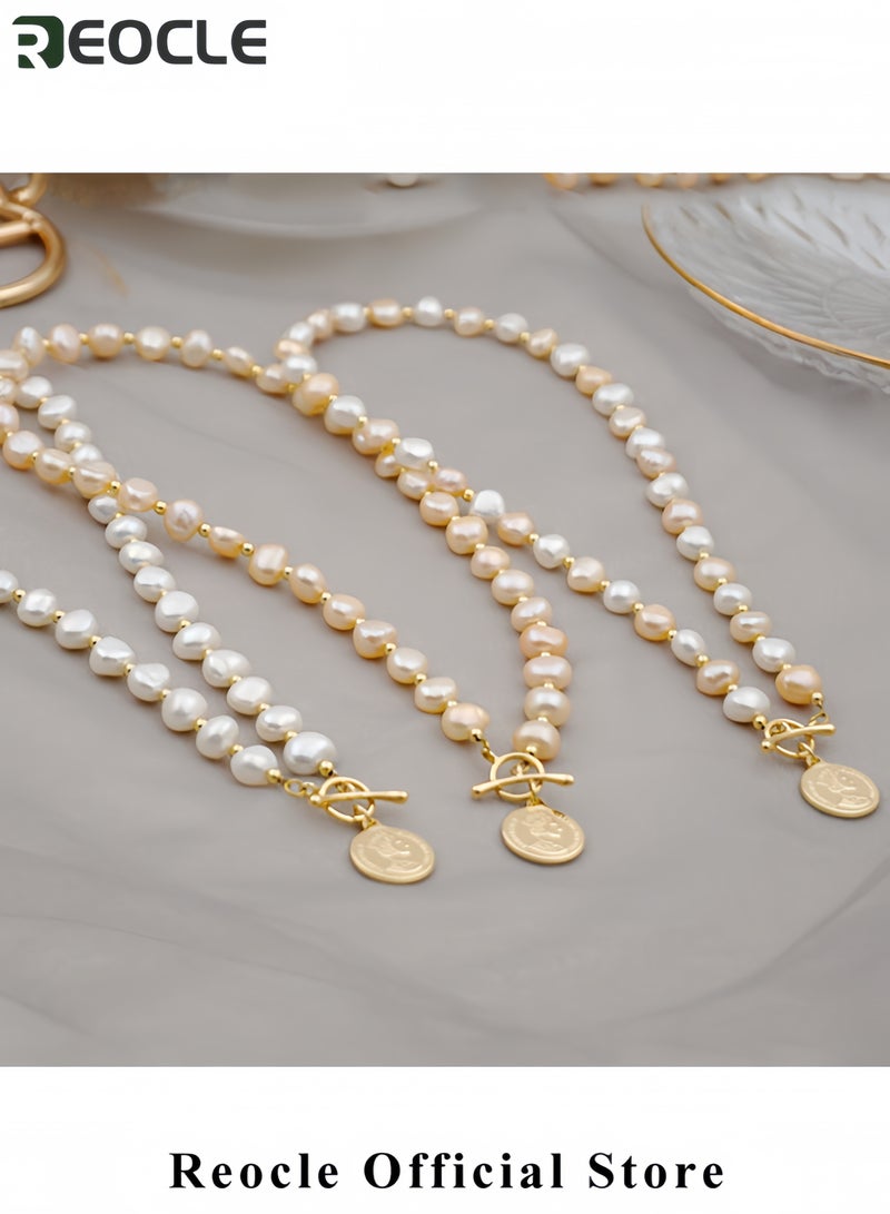 ريوكل عقد من اللؤلؤ، لؤلؤ المياه العذبة الطبيعي 14K سوار مغطى بالفضة الاسترليني مع خرز باروكي قلادة بتعليقة عملة مغطاة بالذهب مجوهرات أنيقة للنساء هدية لعيد الأم - Image 5